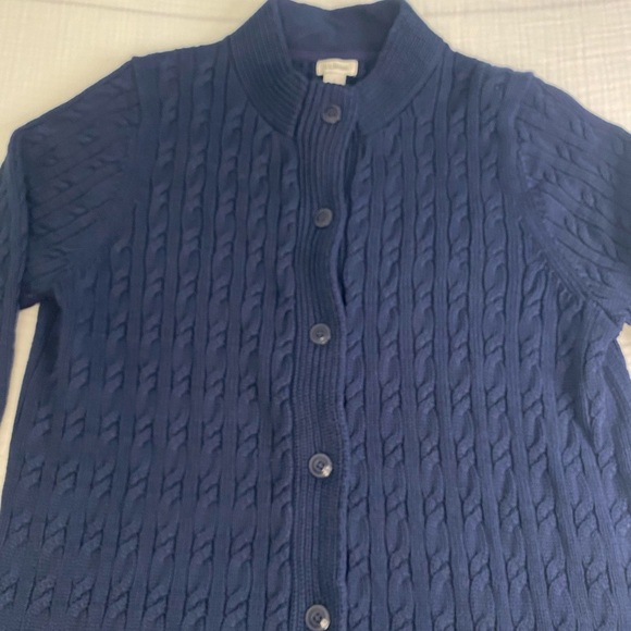LL Bean Double Cable Knit Button Up Cardigan Sweater Size Large Navy Blue - Picture 2 of 16